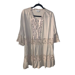 Womens Boho Tiered Beachy Tunic Size XXL Taupe Lace Pompoms Tassel Tie Festival